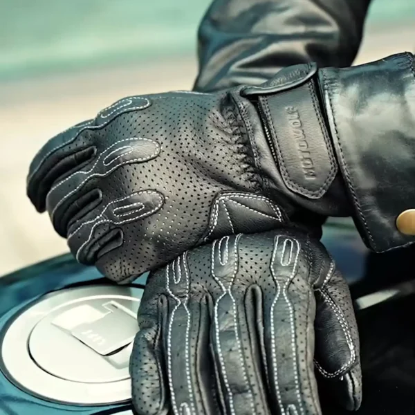 Motowolf Gants de Moto en Cuir de Haute Qualité, Doigts Complets